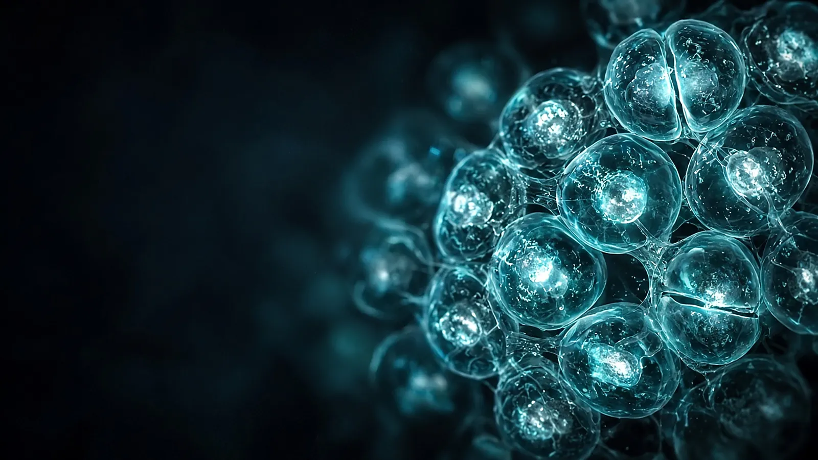 Glowing translucent cells dividing under a microscope